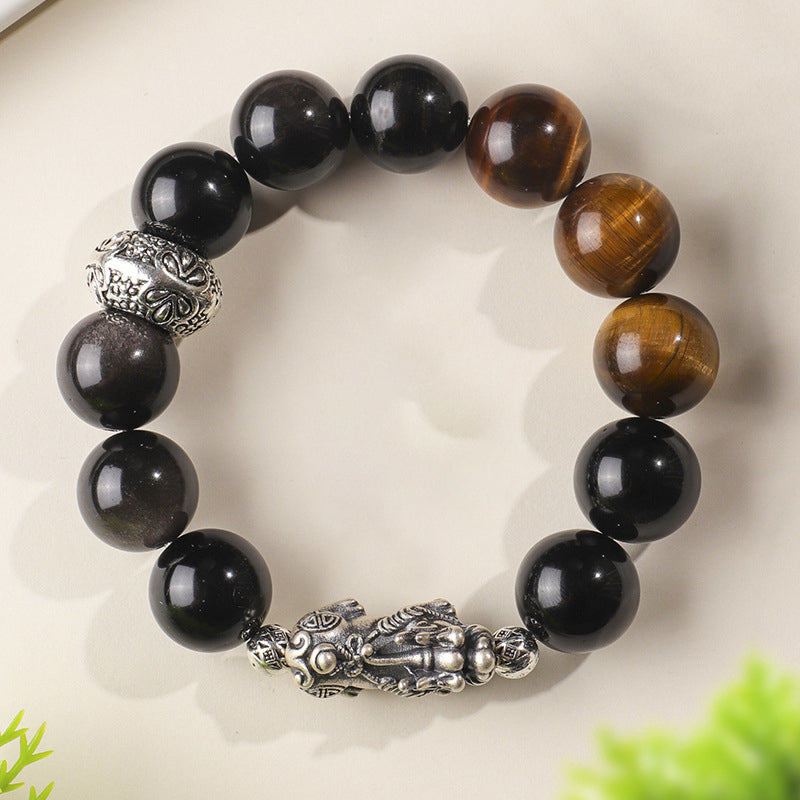 Sterling Silver Pixiu Obsidian Tiger Eye Bracelet - Prosperity & Protection