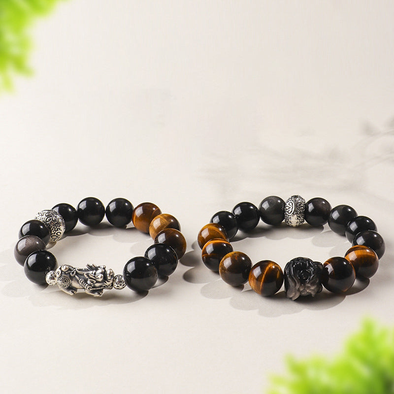 Sterling Silver Pixiu Obsidian Tiger Eye Bracelet - Prosperity & Protection