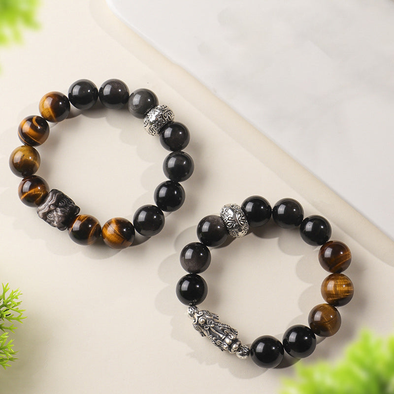 Sterling Silver Pixiu Obsidian Tiger Eye Bracelet - Prosperity & Protection