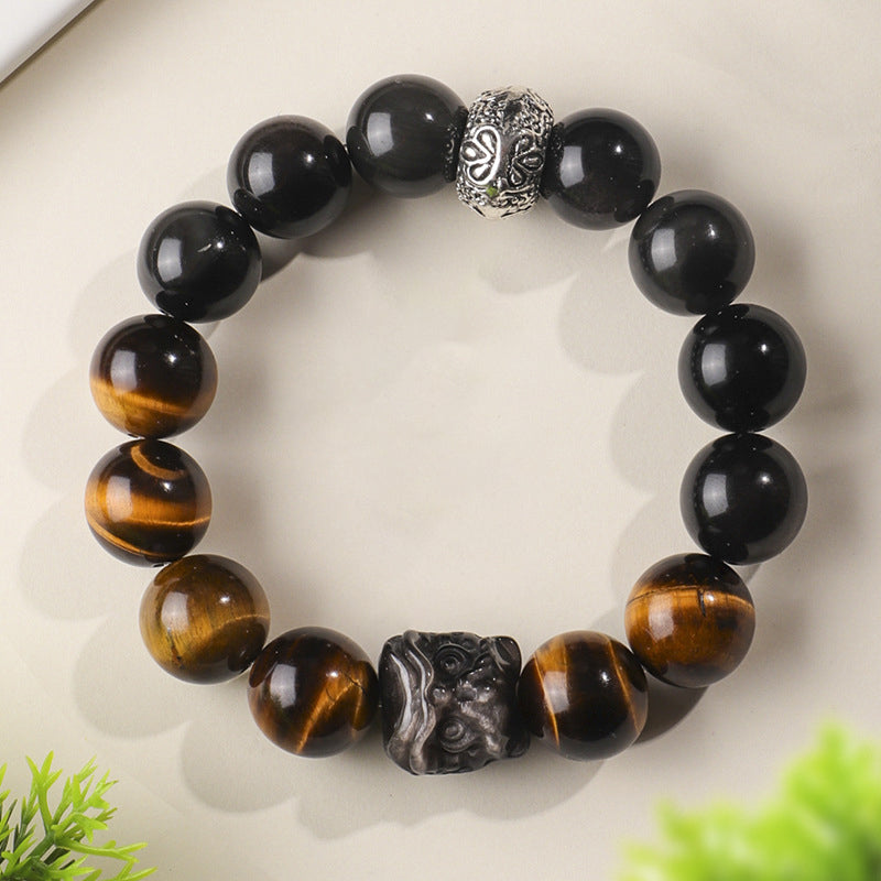 Sterling Silver Pixiu Obsidian Tiger Eye Bracelet - Prosperity & Protection